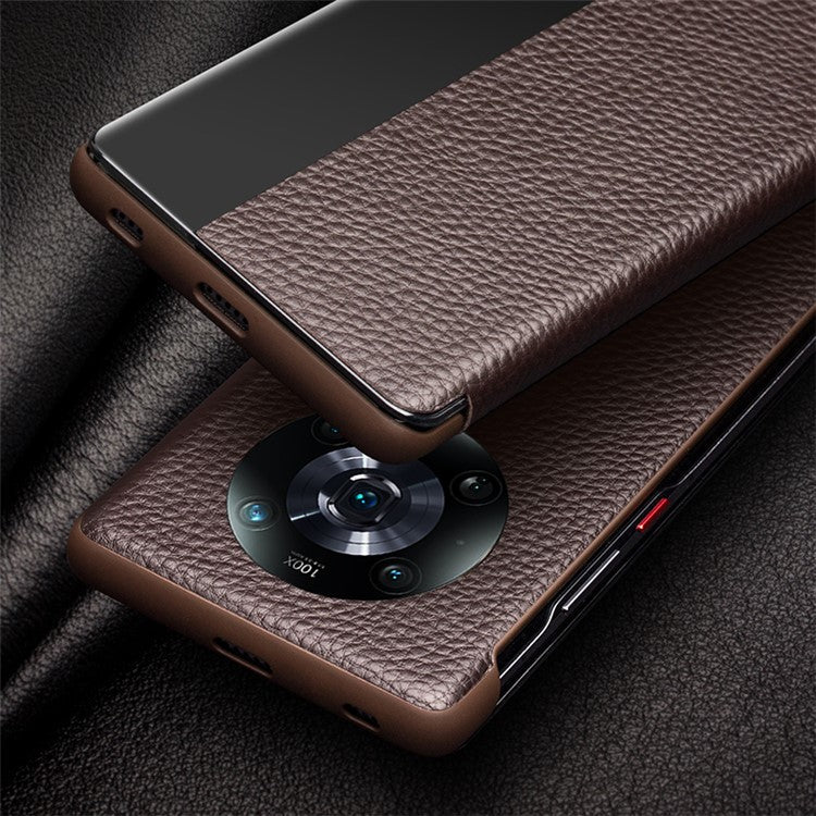 QIALINO for Honor Magic4 Pro 5G Genuine Cow Leather PC Phone Cover View Window Folio Flip Case - Dark Brown