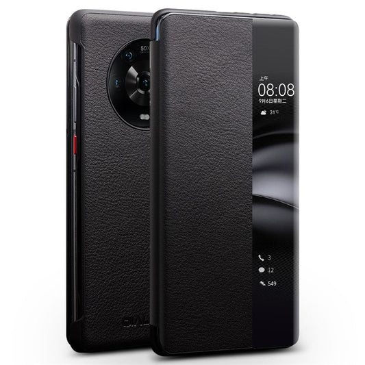 QIALINO for Honor Magic4 5G View Window Shockproof Case Genuine Cow Leather PC Folio Flip Phone Cover - Black