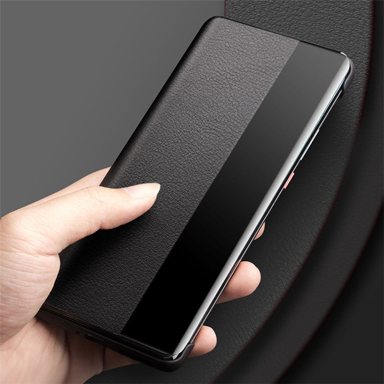 QIALINO for Honor Magic4 5G View Window Shockproof Case Genuine Cow Leather PC Folio Flip Phone Cover - Black