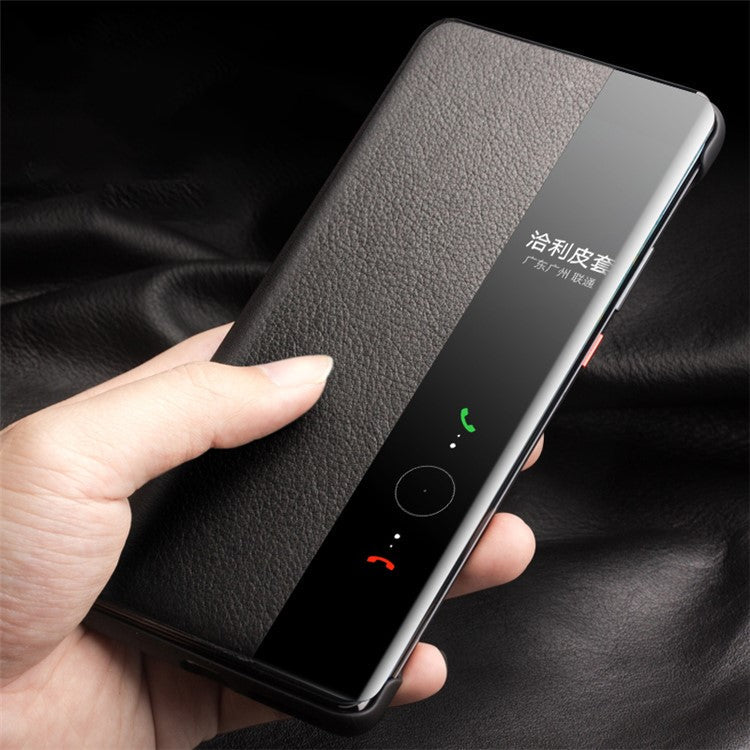 QIALINO for Honor Magic4 5G View Window Shockproof Case Genuine Cow Leather PC Folio Flip Phone Cover - Black