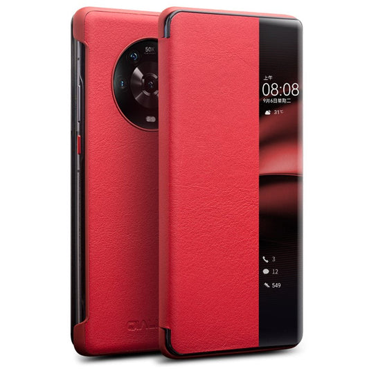 QIALINO for Honor Magic4 5G View Window Shockproof Case Genuine Cow Leather PC Folio Flip Phone Cover - Red