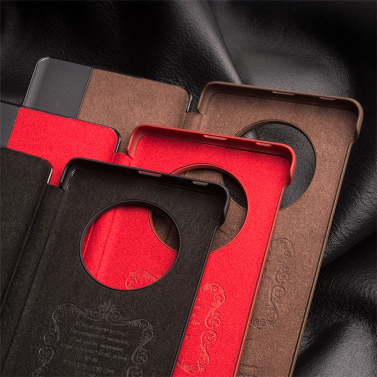 QIALINO for Honor Magic4 5G View Window Shockproof Case Genuine Cow Leather PC Folio Flip Phone Cover - Red