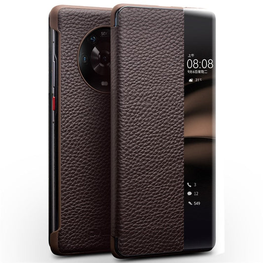 QIALINO for Honor Magic4 5G View Window Shockproof Case Genuine Cow Leather PC Folio Flip Phone Cover - Dark Brown