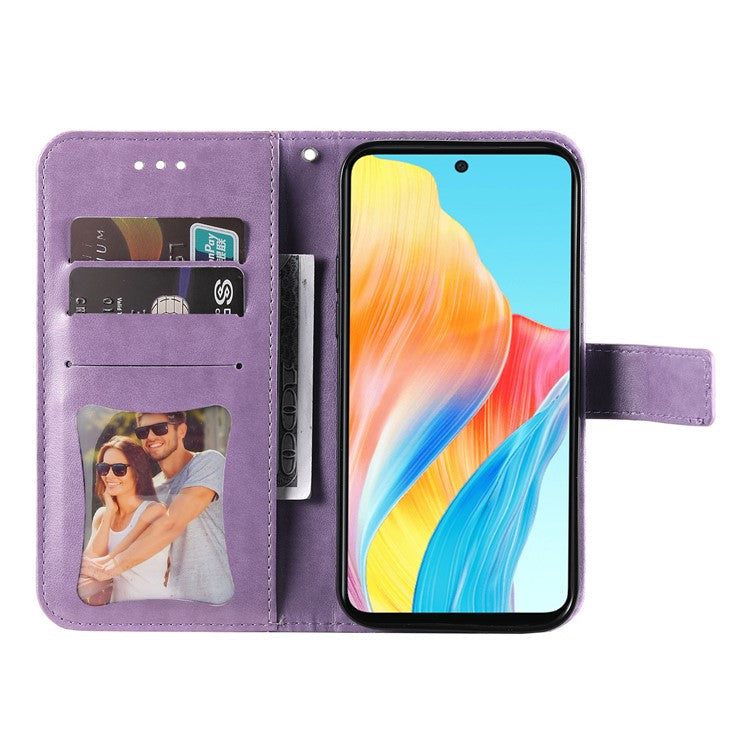 Wallet Stand Cover for Oppo A58 4G , Anti-Scratch Flower Imprint PU Leather Wallet Phone Case - Purple