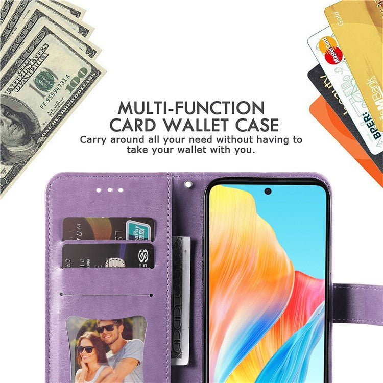 Wallet Stand Cover for Oppo A58 4G , Anti-Scratch Flower Imprint PU Leather Wallet Phone Case - Purple