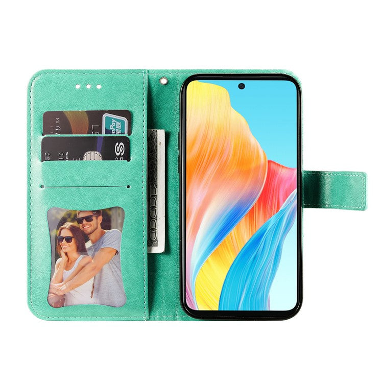 Wallet Stand Cover for Oppo A58 4G , Anti-Scratch Flower Imprint PU Leather Wallet Phone Case - Green