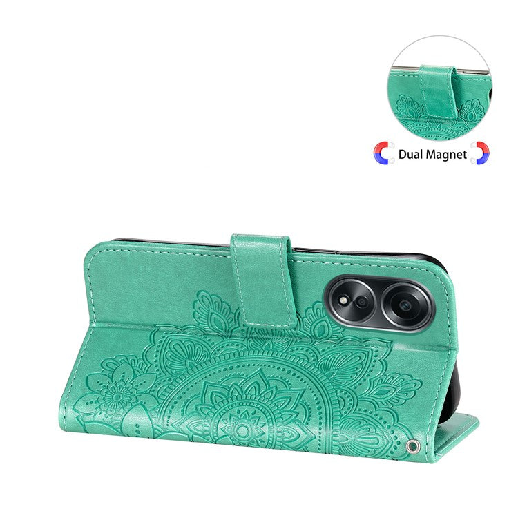 Wallet Stand Cover for Oppo A58 4G , Anti-Scratch Flower Imprint PU Leather Wallet Phone Case - Green