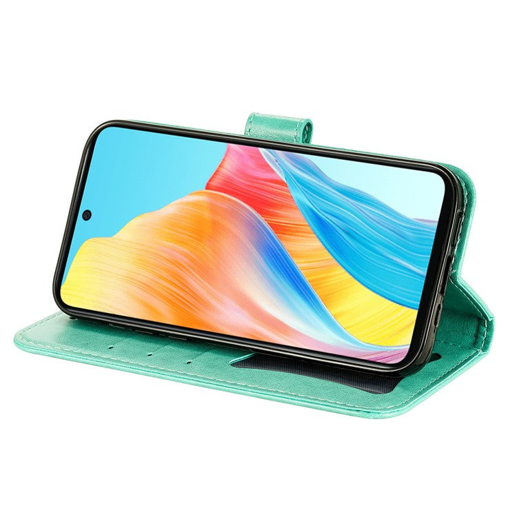 Wallet Stand Cover for Oppo A58 4G , Anti-Scratch Flower Imprint PU Leather Wallet Phone Case - Green