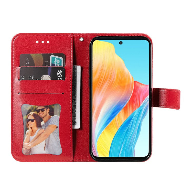 Wallet Stand Cover for Oppo A58 4G , Anti-Scratch Flower Imprint PU Leather Wallet Phone Case - Red