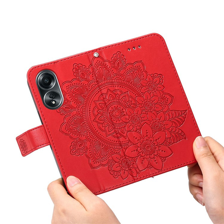 Wallet Stand Cover for Oppo A58 4G , Anti-Scratch Flower Imprint PU Leather Wallet Phone Case - Red