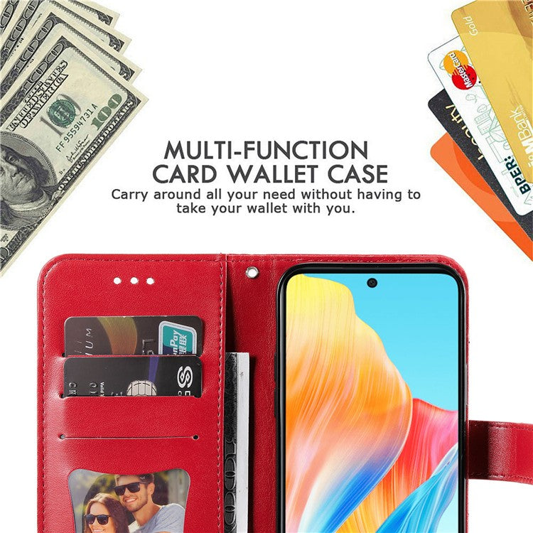 Wallet Stand Cover for Oppo A58 4G , Anti-Scratch Flower Imprint PU Leather Wallet Phone Case - Red