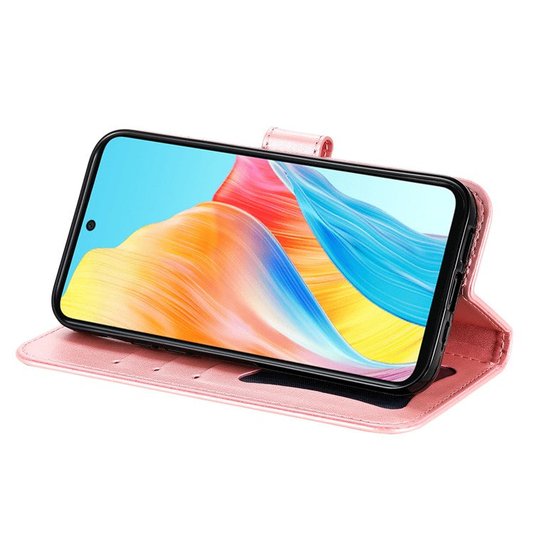 Wallet Stand Cover for Oppo A58 4G , Anti-Scratch Flower Imprint PU Leather Wallet Phone Case - Pink