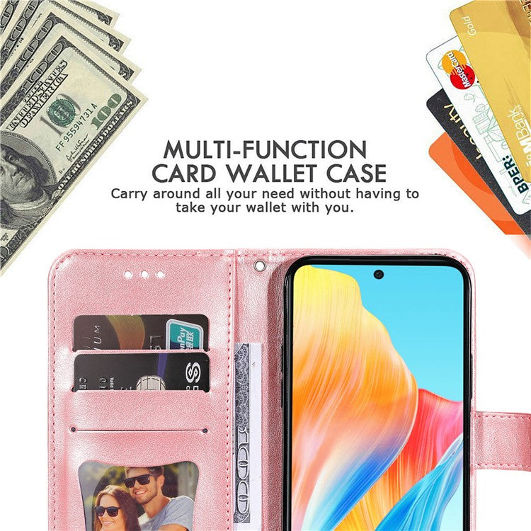 Wallet Stand Cover for Oppo A58 4G , Anti-Scratch Flower Imprint PU Leather Wallet Phone Case - Pink