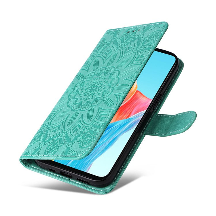 Mobile Phone Case for Oppo A58 4G , Wallet Stand Shell PU Leather Sunflower Imprinted Phone Cover - Green