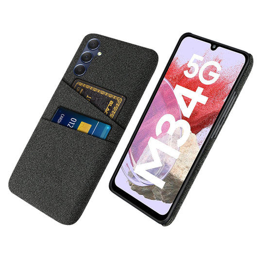 For Samsung Galaxy M34 5G / F34 5G Phone Cover Hard PC+Cloth Phone Case with Dual Card Holder - Black