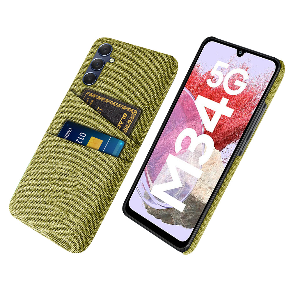 For Samsung Galaxy M34 5G / F34 5G Phone Cover Hard PC+Cloth Phone Case with Dual Card Holder - Yellow