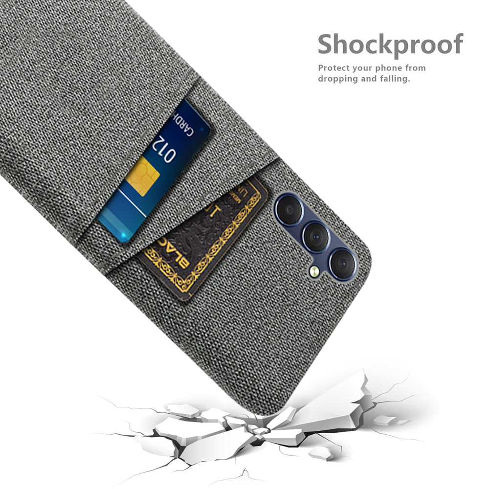 For Samsung Galaxy M34 5G / F34 5G Phone Cover Hard PC+Cloth Phone Case with Dual Card Holder - Grey