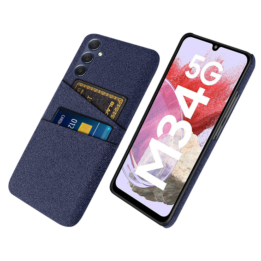 For Samsung Galaxy M34 5G / F34 5G Phone Cover Hard PC+Cloth Phone Case with Dual Card Holder - Blue