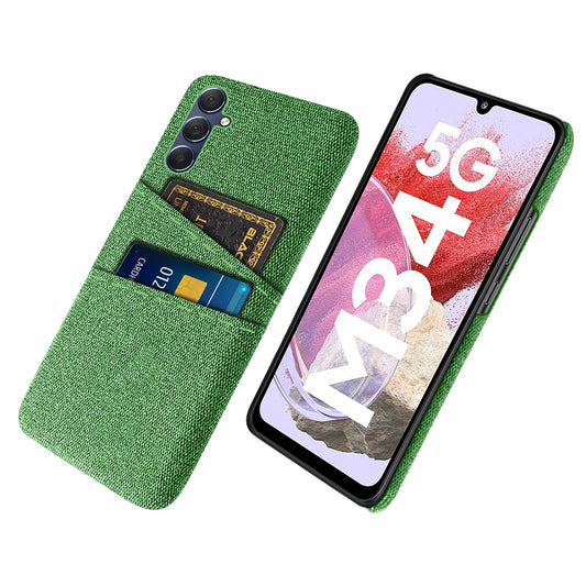 For Samsung Galaxy M34 5G / F34 5G Phone Cover Hard PC+Cloth Phone Case with Dual Card Holder - Green