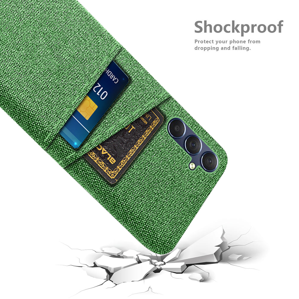 For Samsung Galaxy M34 5G / F34 5G Phone Cover Hard PC+Cloth Phone Case with Dual Card Holder - Green