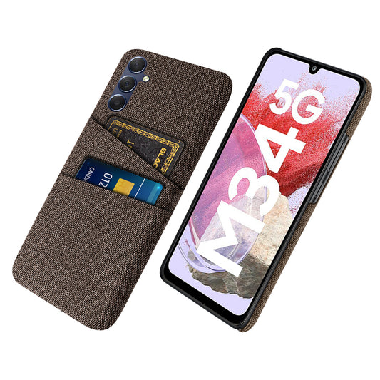 For Samsung Galaxy M34 5G / F34 5G Phone Cover Hard PC+Cloth Phone Case with Dual Card Holder - Brown