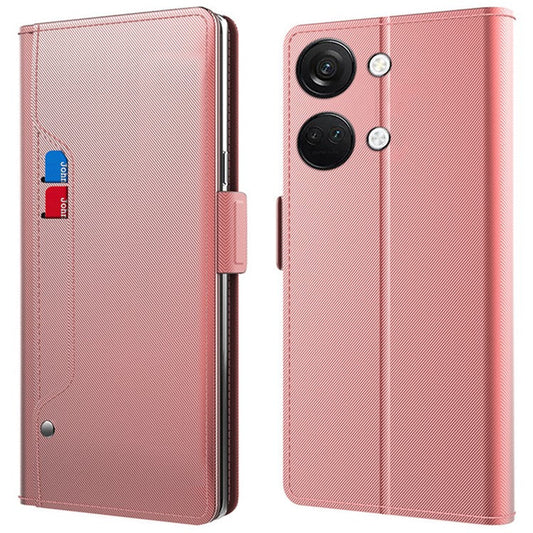 For OnePlus Ace 2V / Nord 3 5G Slim-fit PU Leather Phone Cover Shell Stand Dustproof Case with Card Slot and Mirror - Rose Gold