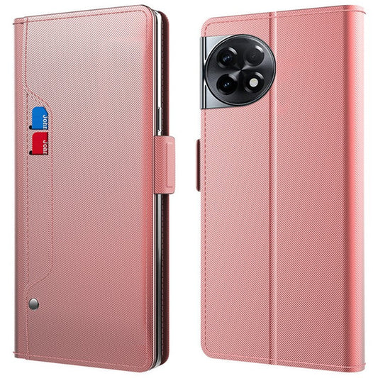 For OnePlus Ace 2 5G / 11R 5G Dustproof Shell Card Slot and Mirror PU Leather Cover Stand Phone Case - Rose Gold