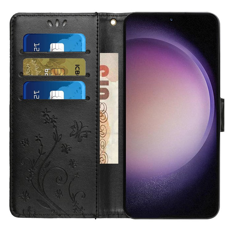 For Samsung Galaxy S23 FE Butterfly Imprint Leather Wallet Shell Anti-fall Stand Phone Case - Black
