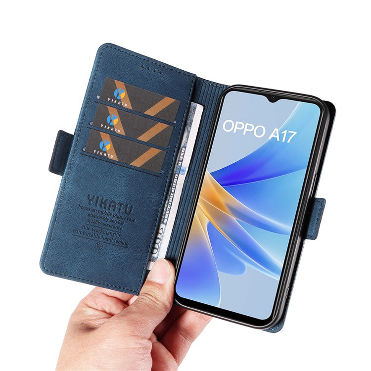 YIKATU YK-005 For Oppo A17 4G PU Leather Skin-touch Phone Case Wallet Stand Shockproof Cover - Blue