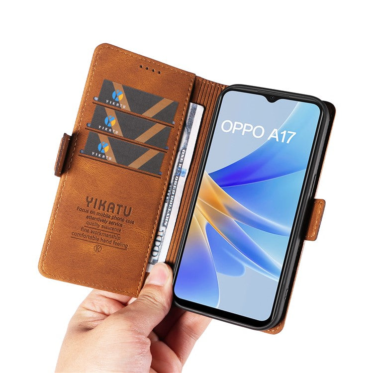 YIKATU YK-005 For Oppo A17 4G PU Leather Skin-touch Phone Case Wallet Stand Shockproof Cover - Brown