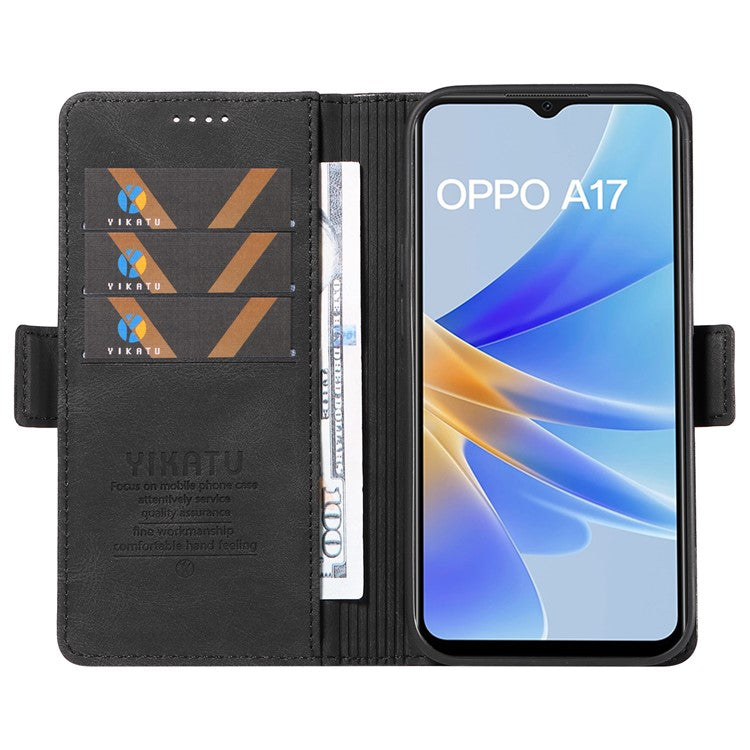 YIKATU YK-005 For Oppo A17 4G PU Leather Skin-touch Phone Case Wallet Stand Shockproof Cover - Black