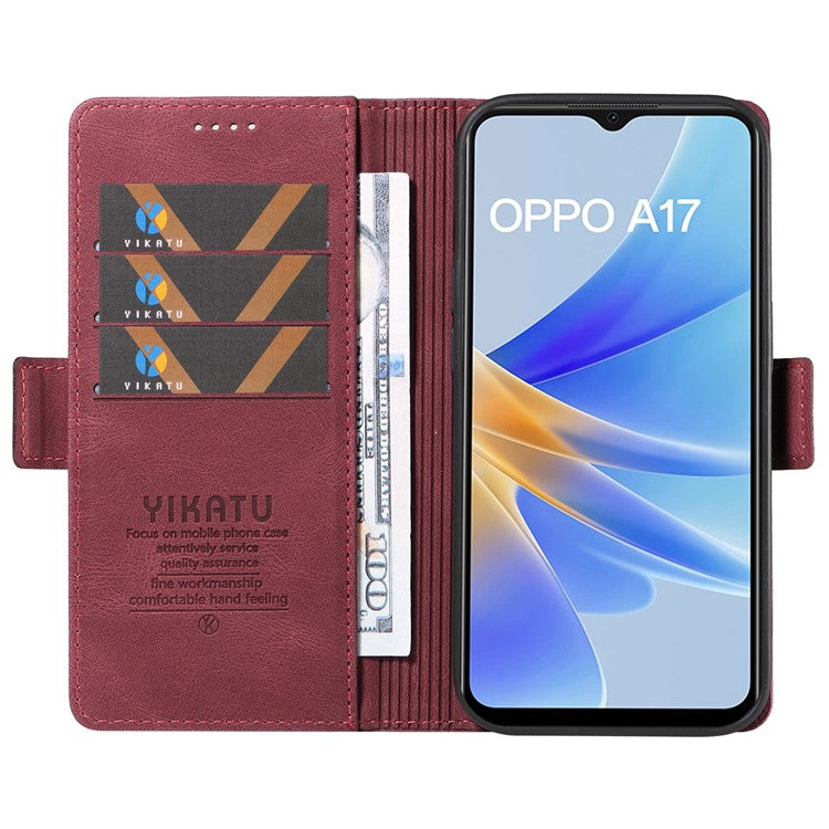 YIKATU YK-005 For Oppo A17 4G PU Leather Skin-touch Phone Case Wallet Stand Shockproof Cover - Wine Red