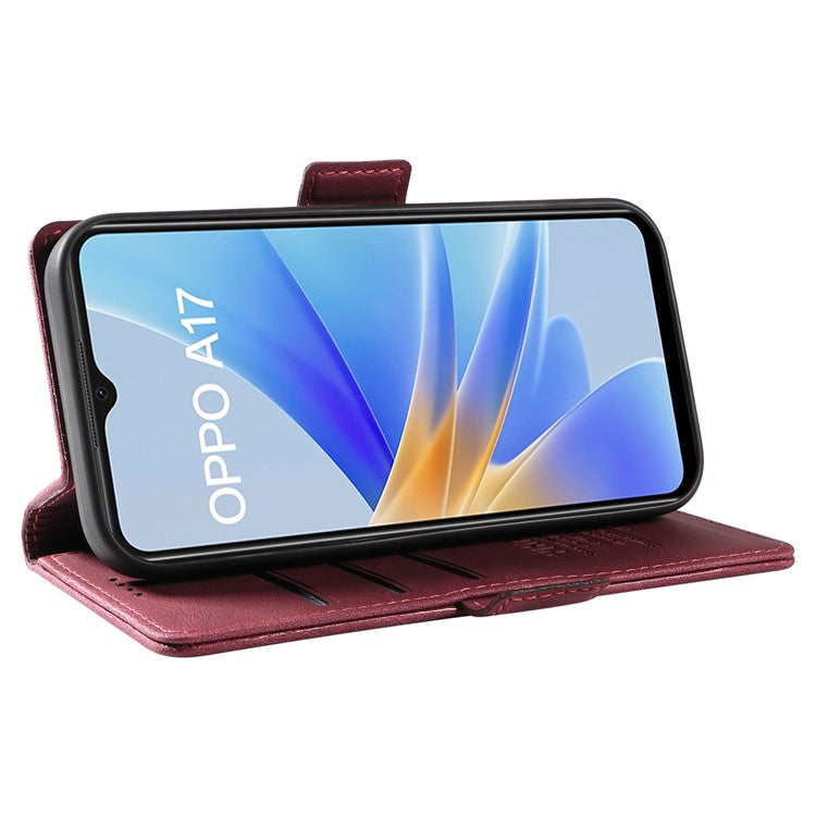 YIKATU YK-005 For Oppo A17 4G PU Leather Skin-touch Phone Case Wallet Stand Shockproof Cover - Wine Red