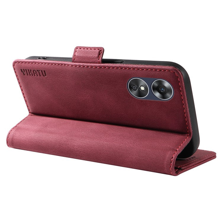 YIKATU YK-005 For Oppo A17 4G PU Leather Skin-touch Phone Case Wallet Stand Shockproof Cover - Wine Red