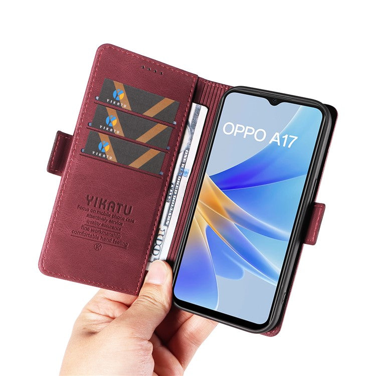 YIKATU YK-005 For Oppo A17 4G PU Leather Skin-touch Phone Case Wallet Stand Shockproof Cover - Wine Red