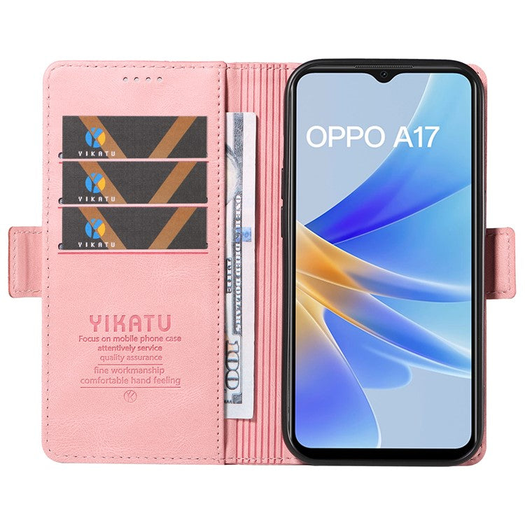 YIKATU YK-005 For Oppo A17 4G PU Leather Skin-touch Phone Case Wallet Stand Shockproof Cover - Pink