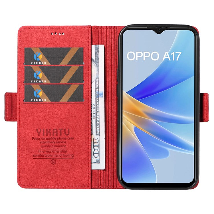 YIKATU YK-005 For Oppo A17 4G PU Leather Skin-touch Phone Case Wallet Stand Shockproof Cover - Red
