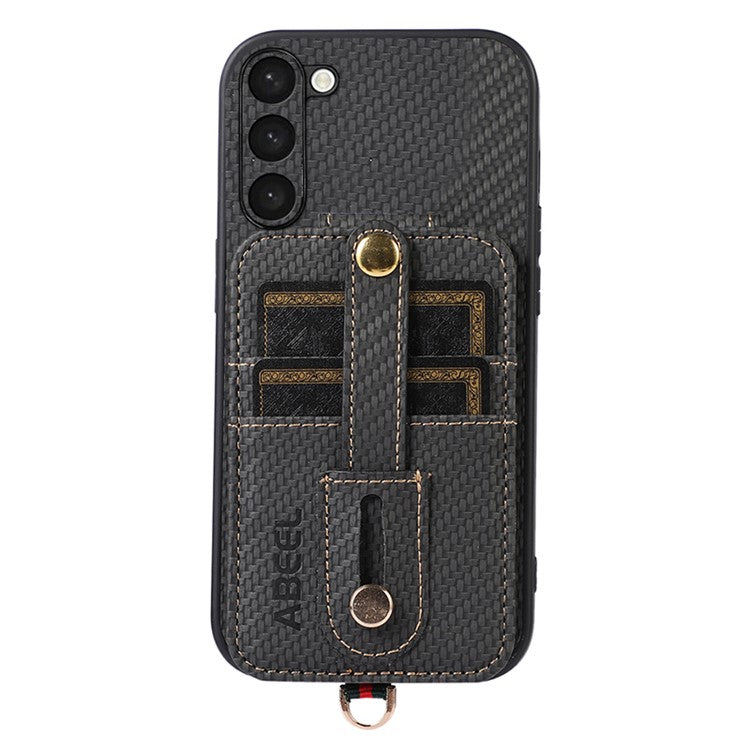 ABEEL Style 02 Carbon Fiber Texture PU+TPU Phone Case for Samsung Galaxy S23 RFID Blocking Card Holder Kickstand Cover - Black