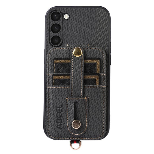 ABEEL Style 02 Carbon Fiber Texture PU+TPU Phone Case for Samsung Galaxy S23 RFID Blocking Card Holder Kickstand Cover - Black