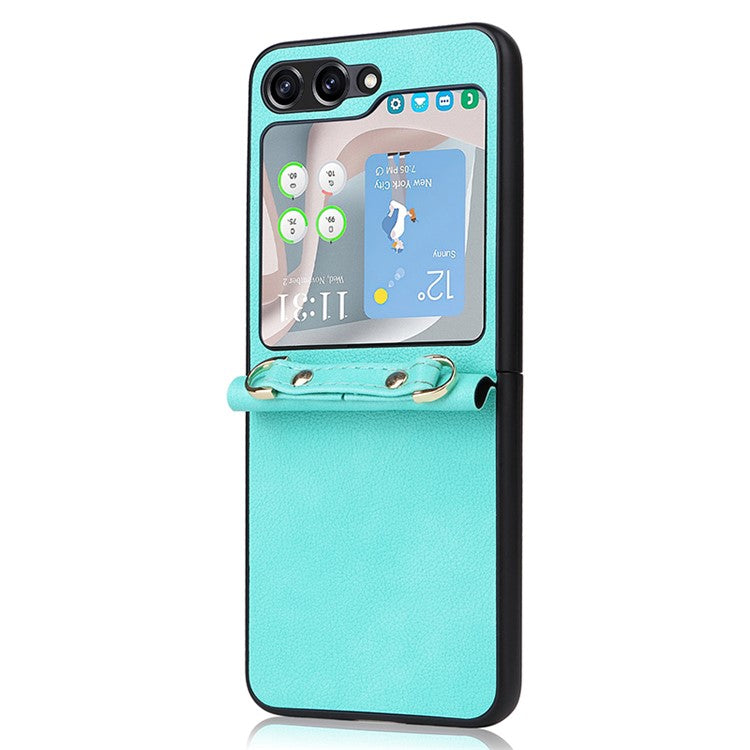 For Samsung Galaxy Z Flip5 5G One-Piece PU + PC Phone Case Cell Phone Protective Cover with Long Strap - Cyan