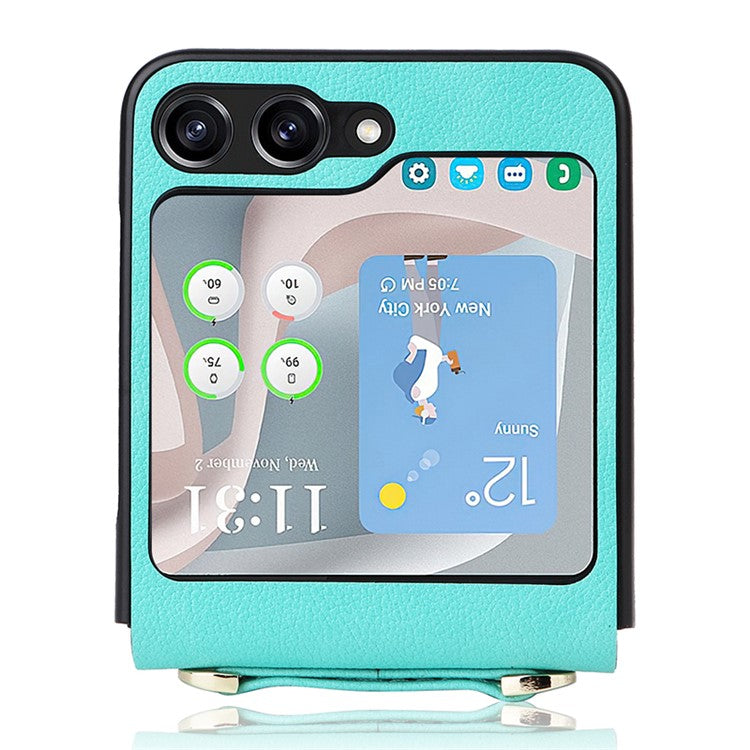 For Samsung Galaxy Z Flip5 5G One-Piece PU + PC Phone Case Cell Phone Protective Cover with Long Strap - Cyan