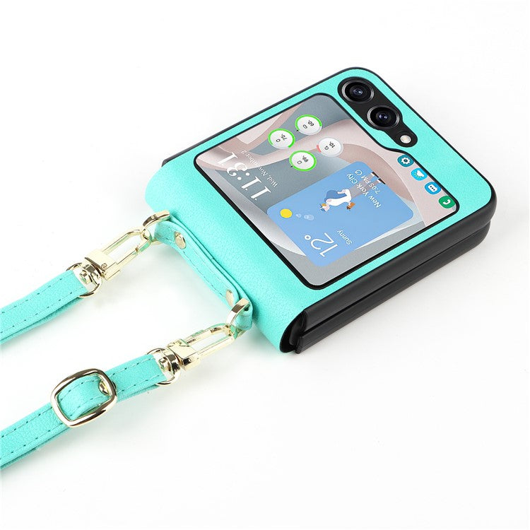 For Samsung Galaxy Z Flip5 5G One-Piece PU + PC Phone Case Cell Phone Protective Cover with Long Strap - Cyan
