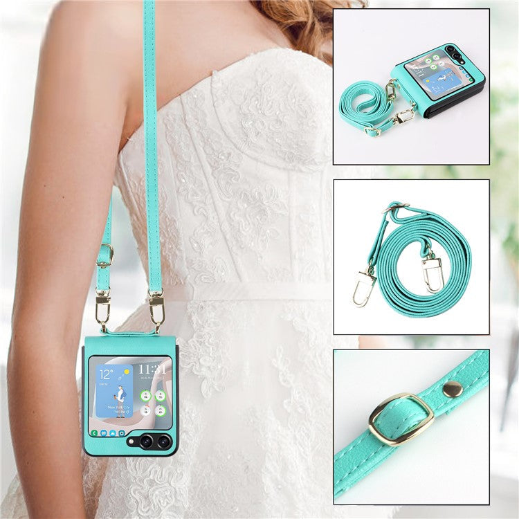 For Samsung Galaxy Z Flip5 5G One-Piece PU + PC Phone Case Cell Phone Protective Cover with Long Strap - Cyan
