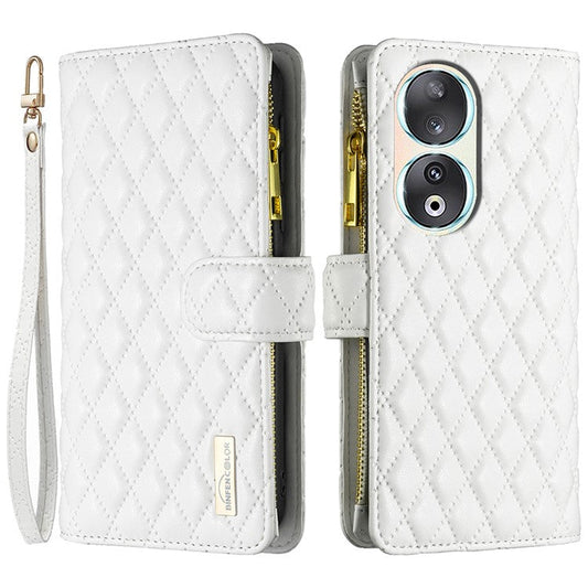 BINFEN COLOR BF Style-15 Flip Shell for Honor 50 , Zipper Pocket Leather Phone Case Wallet Stand Cover - White
