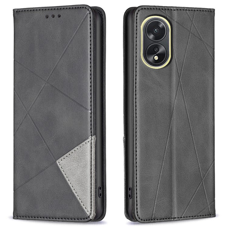 Phone Case for Oppo A38 , PU Leather Shell Imprinted Line Flip Phone Cover with Card Slots Stand Function - Black