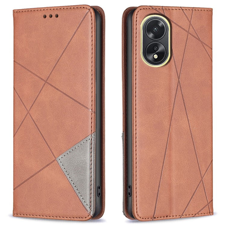 Phone Case for Oppo A38 , PU Leather Shell Imprinted Line Flip Phone Cover with Card Slots Stand Function - Brown