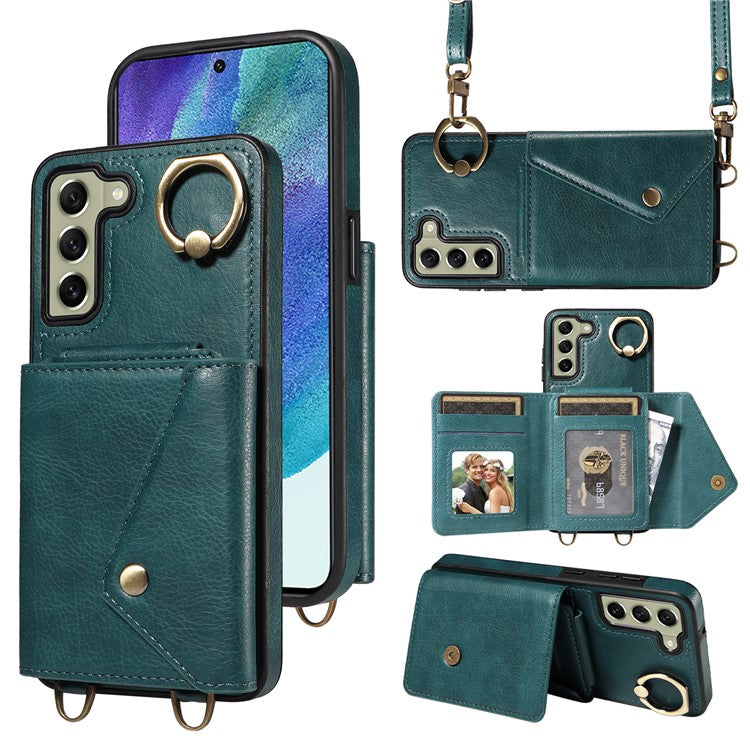 002 For Samsung Galaxy S21 FE 5G Card Bag Ring Kickstand Cover Litchi Texture Leather Coated TPU Anti-fall Phone Case with Shoulder Strap - Green