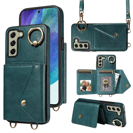 002 For Samsung Galaxy S21 FE 5G Card Bag Ring Kickstand Cover Litchi Texture Leather Coated TPU Anti-fall Phone Case with Shoulder Strap - Green