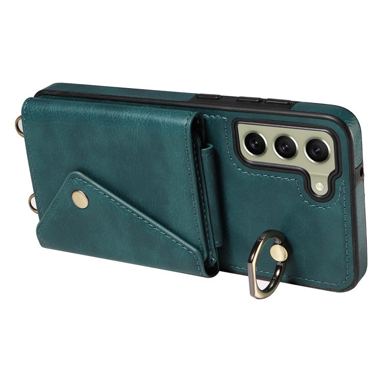 002 For Samsung Galaxy S21 FE 5G Card Bag Ring Kickstand Cover Litchi Texture Leather Coated TPU Anti-fall Phone Case with Shoulder Strap - Green
