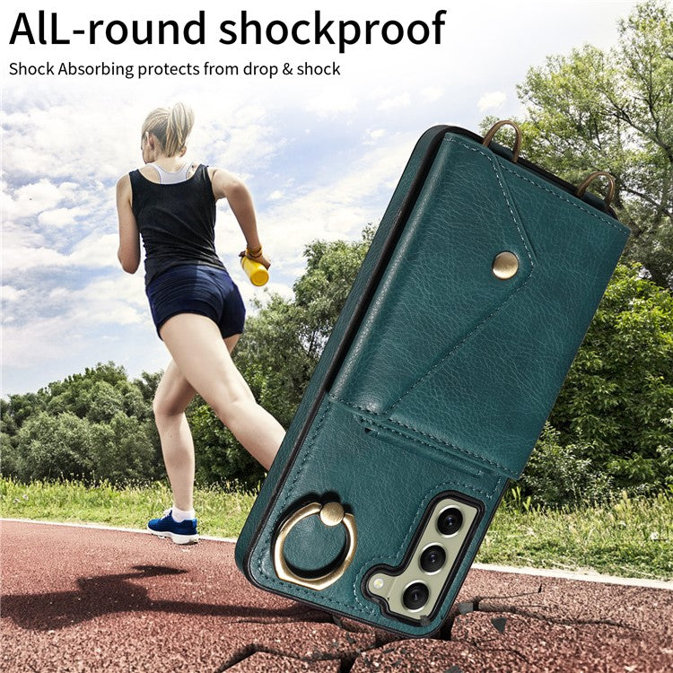 002 For Samsung Galaxy S21 FE 5G Card Bag Ring Kickstand Cover Litchi Texture Leather Coated TPU Anti-fall Phone Case with Shoulder Strap - Green